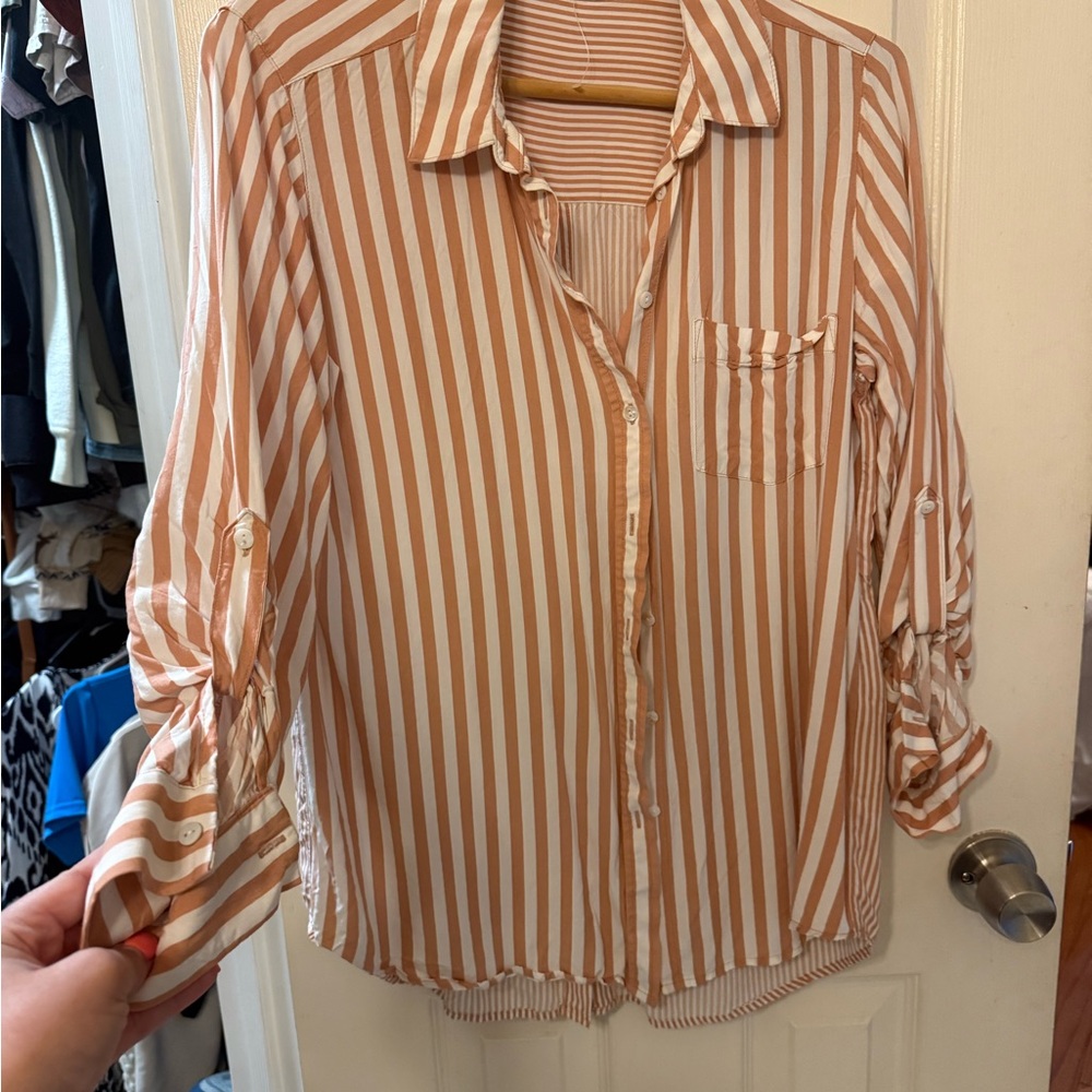 Striped Button-Up Blouse - Tan and White